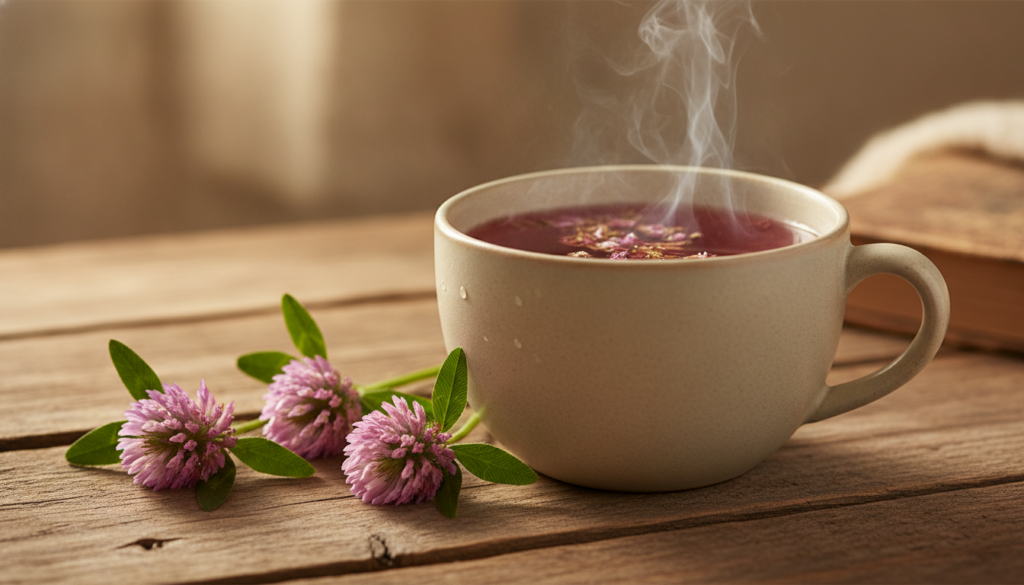 Close-up of a steaming cup of herbal tea made from red clover leaves with fresh red clover sprigs next to it on a rustic