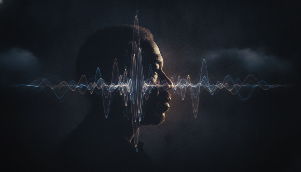 A visual representation of an iconic voice perhaps a sound wave pattern overlaid with a subtle silhouette of a famous ac