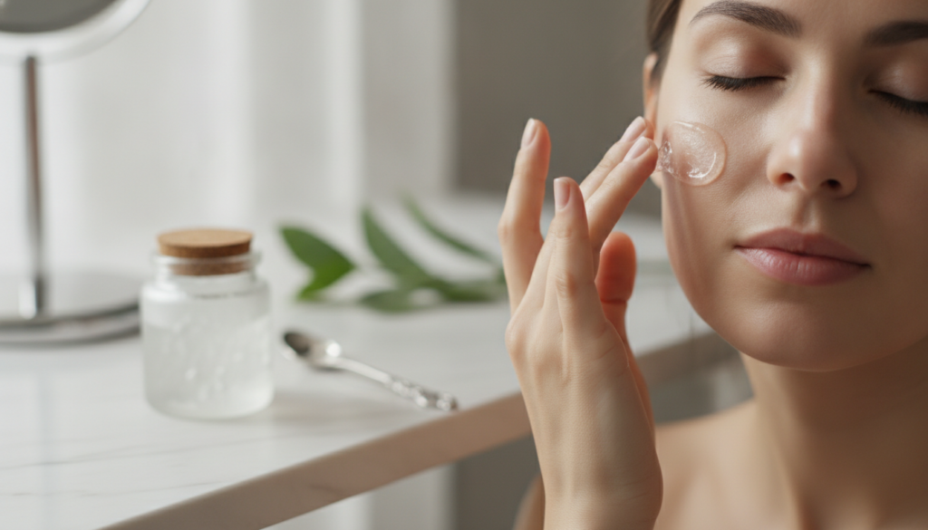 A woman gently massaging the DIY collagen gel onto her cheek with a small glass jar of the gel visible in the background