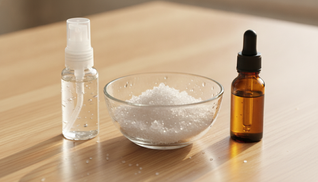 Close-up shot of key ingredients for DIY collagen gel a bowl of unflavored gelatin powder a small bottle of aloe vera ge