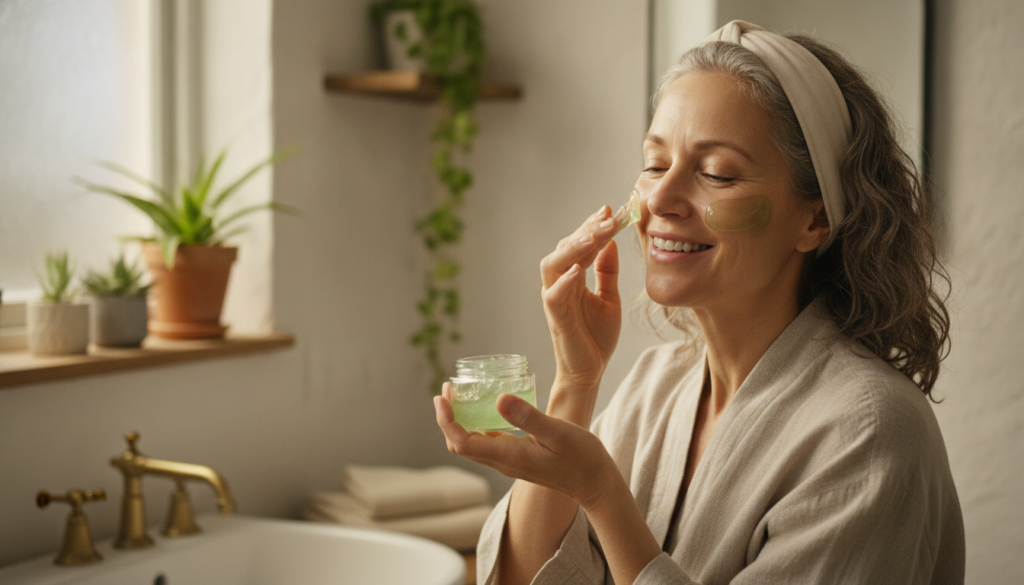 A smiling woman in her 50s with radiant smooth skin applying a homemade gel to her face in a well-lit bathroom showcasin