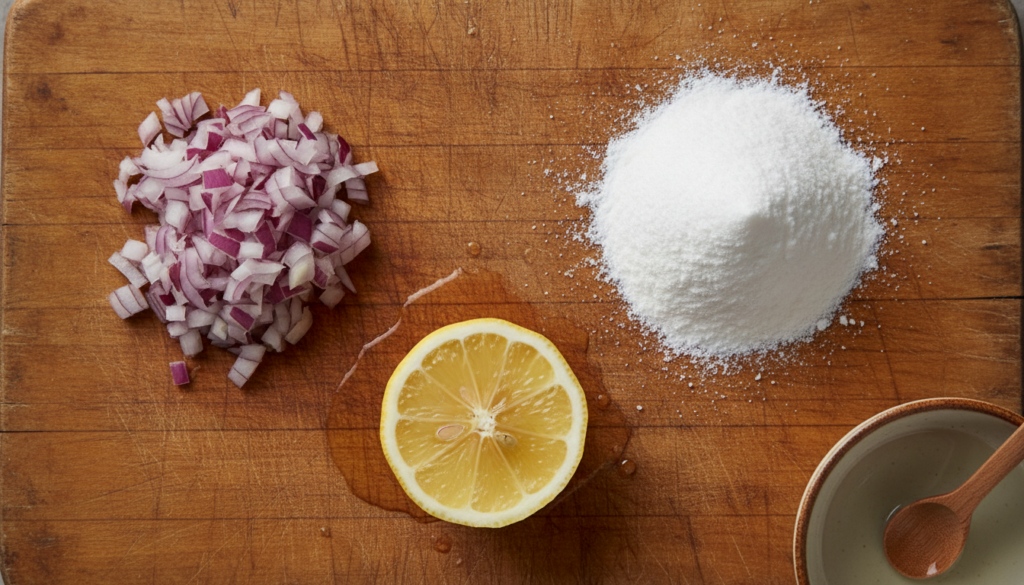 Close-up of minced red onion baking soda and half a lemon arranged on a wooden board ready for mixing into a paste