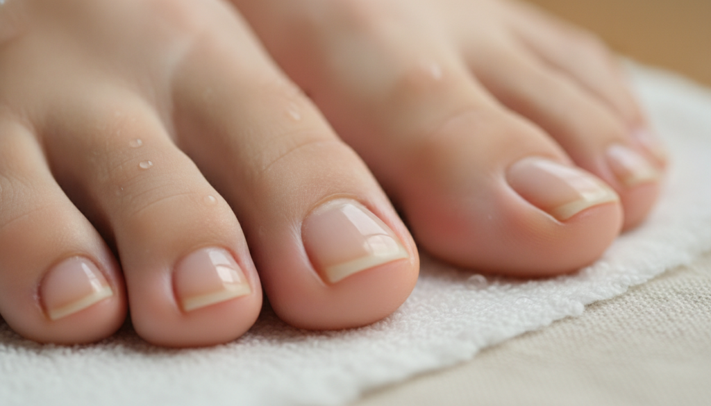 A close-up of healthy clean and shiny toenails after a natural treatment showing a marked improvement in color and textu
