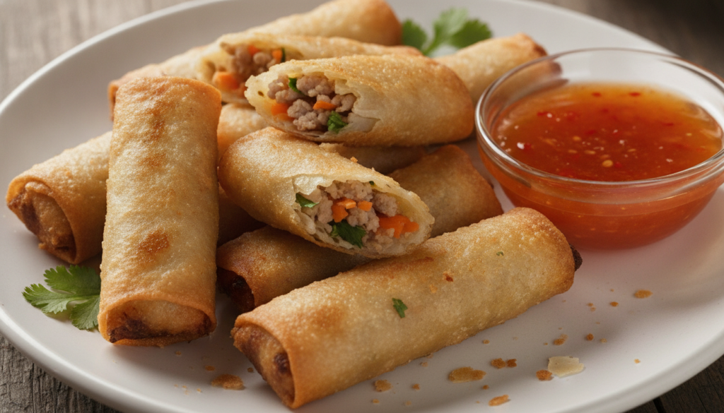 Several golden-brown crispy Classic Pork Lumpiang Shanghai rolls piled on a white plate garnished with fresh green onion