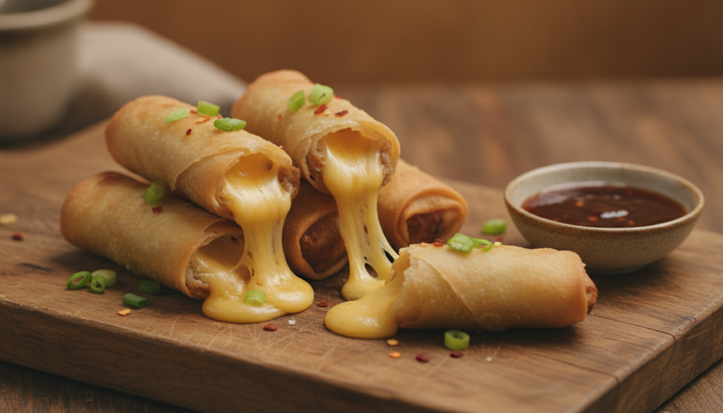 Crispy Lumpiang Shanghai rolls with melted cheese oozing out slightly from the ends served on a rustic wooden board with