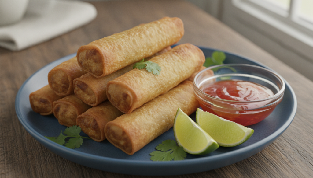 Crispy Lumpiang Shanghai rolls filled with a visible mix of ground pork and shrimp arranged artfully on a blue ceramic p