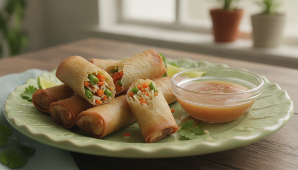 Bright and crispy Vegetable Lumpiang Shanghai rolls artfully arranged on a green-accented plate showcasing a fresh color