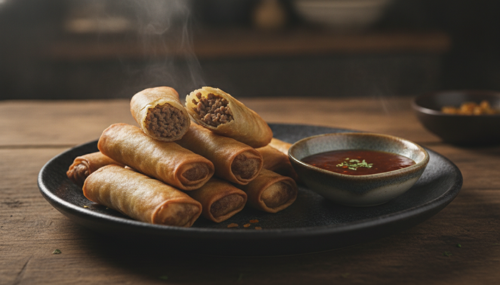 A serving of crispy golden-brown Beef Lumpiang Shanghai rolls on a dark ceramic plate accompanied by a small ramekin of 