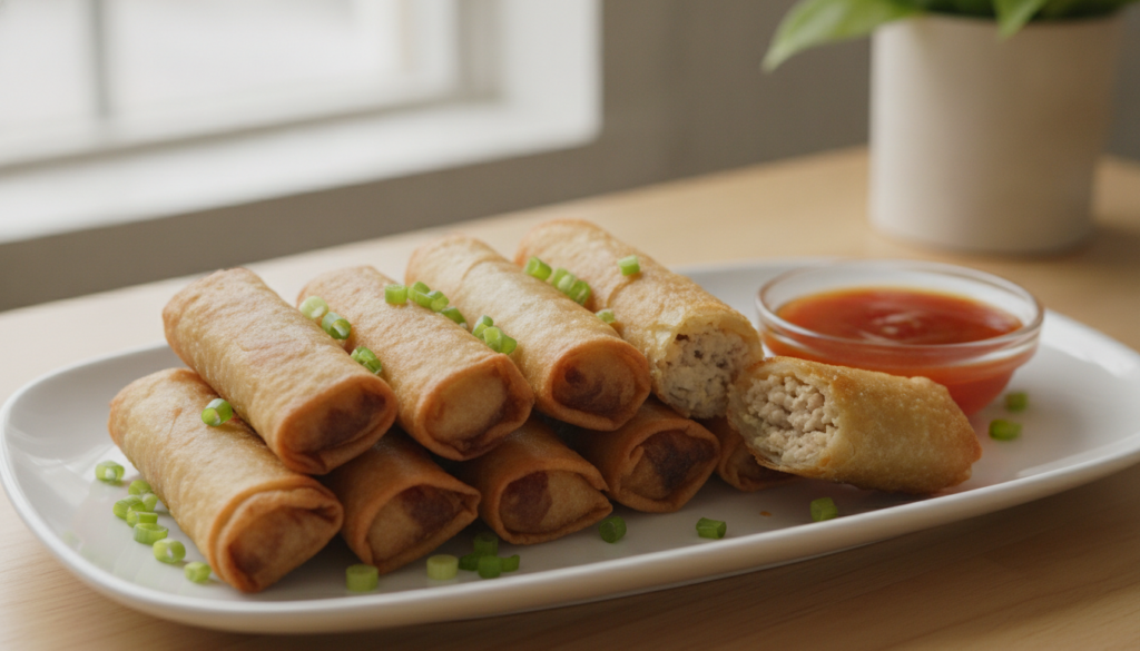 Crispy golden-brown Chicken Lumpiang Shanghai rolls arranged on a light-colored platter served with a small bowl of tang