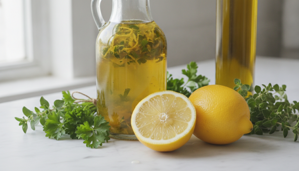 A clear glass bottle of bright yellow lemon herb vinaigrette surrounded by fresh lemons olive oil and sprigs of parsley 