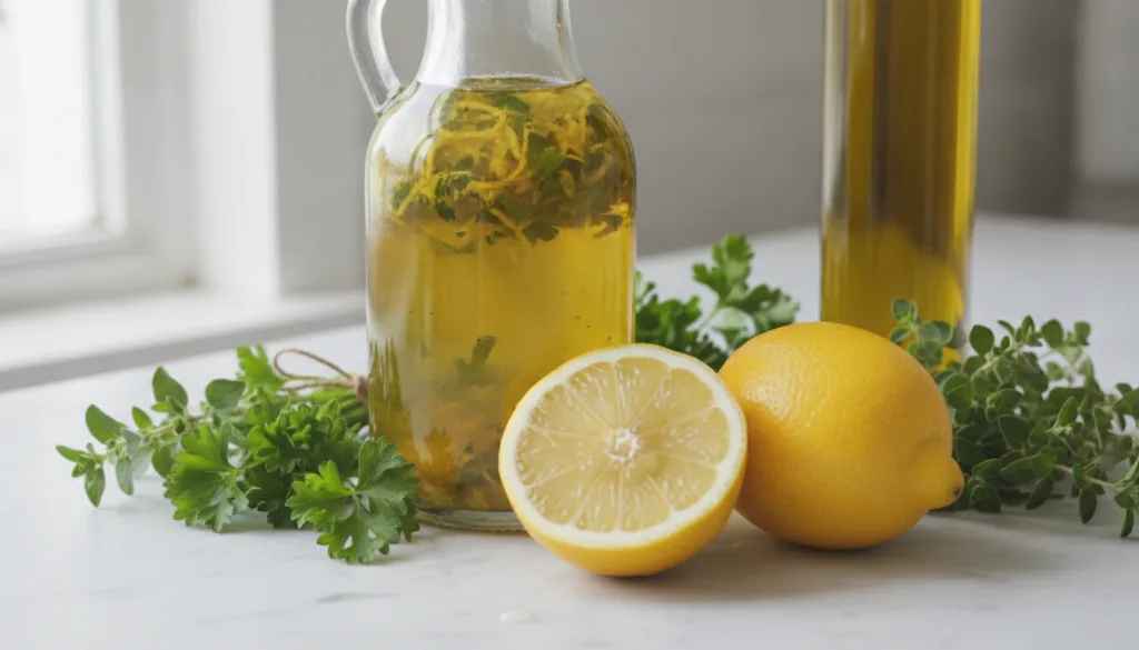 A clear glass bottle of bright yellow lemon herb vinaigrette surrounded by fresh lemons olive oil and sprigs of parsley 