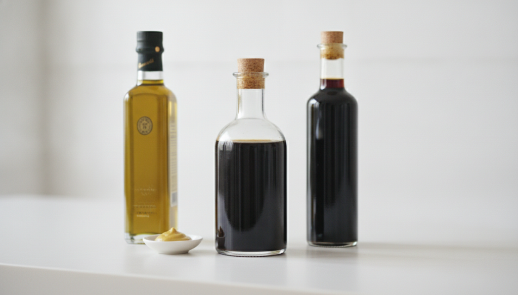 A clear glass bottle of dark balsamic vinaigrette with a bottle of balsamic vinegar olive oil and a small spoonful of Di