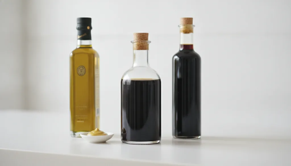 A clear glass bottle of dark balsamic vinaigrette with a bottle of balsamic vinegar olive oil and a small spoonful of Di