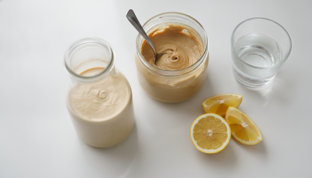 A clear glass bottle of creamy tahini dressing surrounded by a jar of tahini fresh lemons and a splash of water on a whi