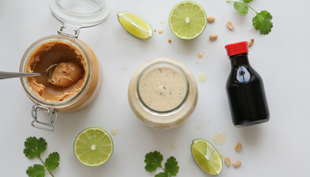 A clear glass bottle of creamy peanut lime dressing surrounded by a jar of peanut butter a bottle of soy sauce and fresh