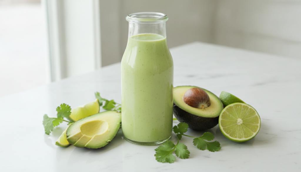 A clear glass bottle of bright green creamy avocado dressing surrounded by a ripe avocado fresh lime and cilantro sprigs