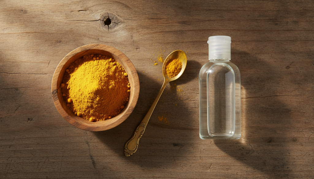 A beautiful flat lay of turmeric powder in a small bowl next to a bottle of baby oil and a small mixing spoon all on a n