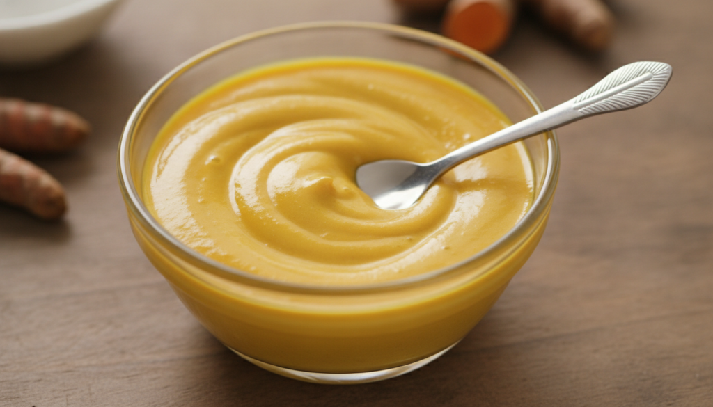 A close-up of a small glass bowl with a golden-yellow turmeric and baby oil paste being mixed with a tiny spatula showin