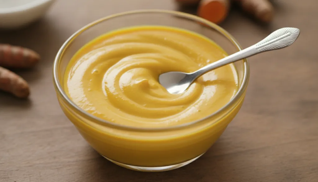 A close-up of a small glass bowl with a golden-yellow turmeric and baby oil paste being mixed with a tiny spatula showin