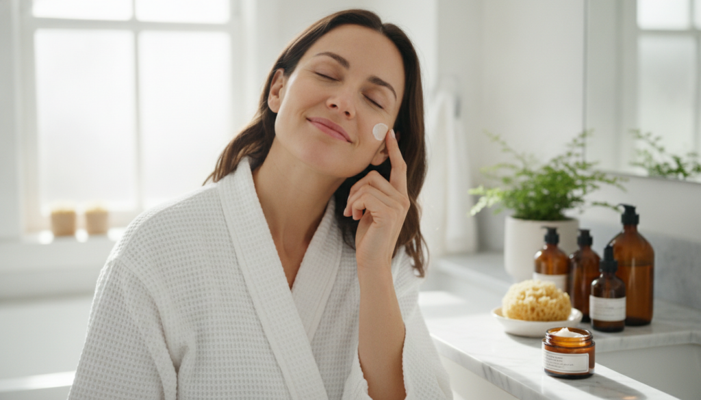 A woman gently applying a homemade cream to her face with a small jar of the DIY botox cream visible in the foreground o