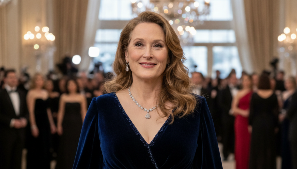 Meryl Streep in a formal setting possibly at an awards show smiling warmly and looking elegant