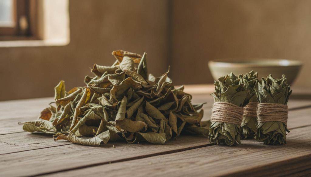 Dried guava leaves neatly bundled and piled ready for tea preparation