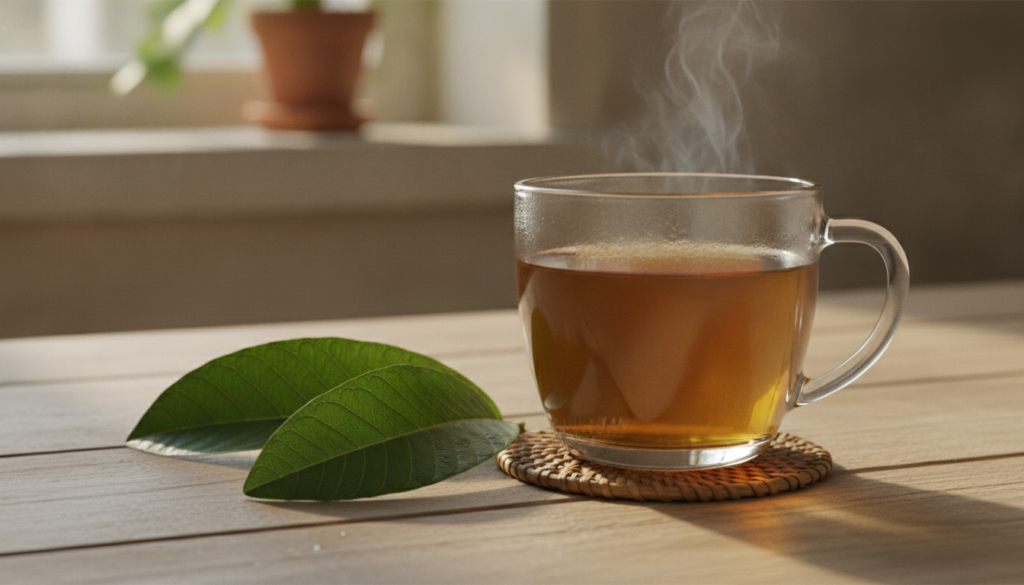 A clear glass mug filled with amber-colored guava leaf tea with a few fresh guava leaves next to it on a wooden table