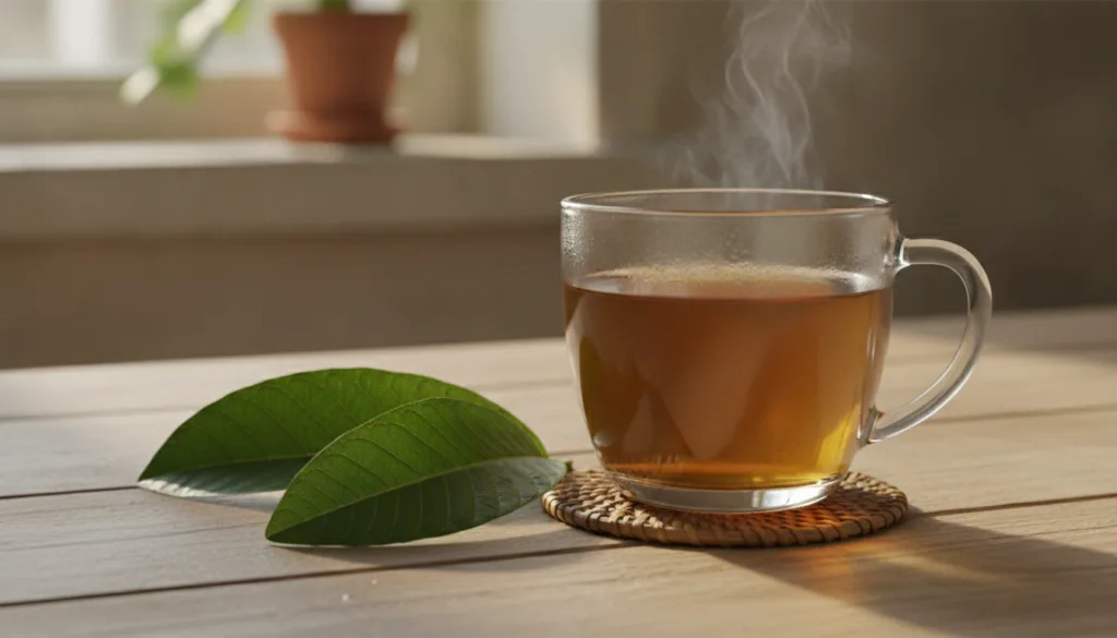 A clear glass mug filled with amber-colored guava leaf tea with a few fresh guava leaves next to it on a wooden table