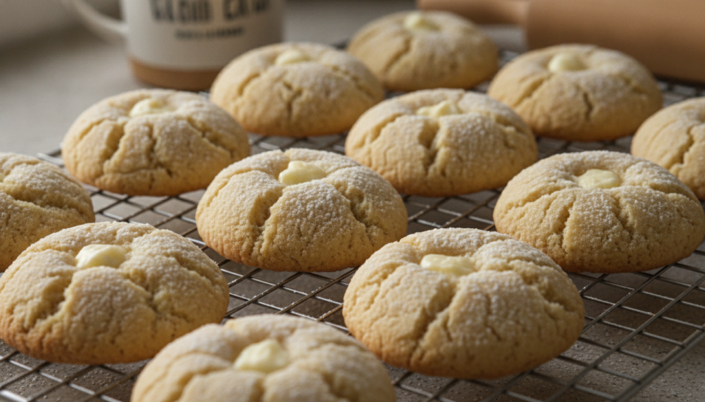 Soft chewy cream cheese crinkle cookies lightly golden with prominent powdered sugar dusting and crinkles Arranged on a 