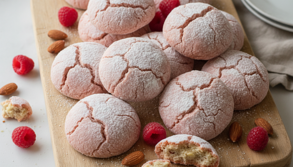 Pinkish raspberry almond crinkle cookies dusted with powdered sugar with visible crinkles and specks of raspberry Served