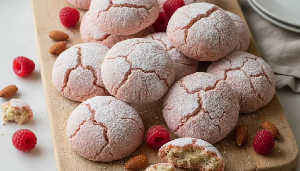 Pinkish raspberry almond crinkle cookies dusted with powdered sugar with visible crinkles and specks of raspberry Served