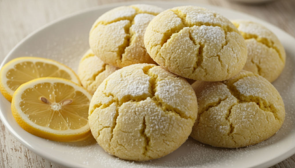 Bright yellow lemon crinkle cookies heavily dusted with powdered sugar showcasing prominent cracks Arranged on a white p