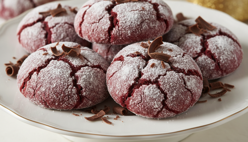 Deep red red velvet crinkle cookies heavily dusted with powdered sugar displaying prominent crinkles Arranged on a white