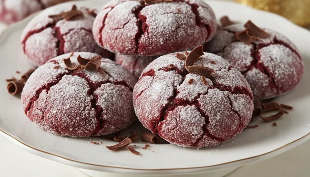 Deep red red velvet crinkle cookies heavily dusted with powdered sugar displaying prominent crinkles Arranged on a white