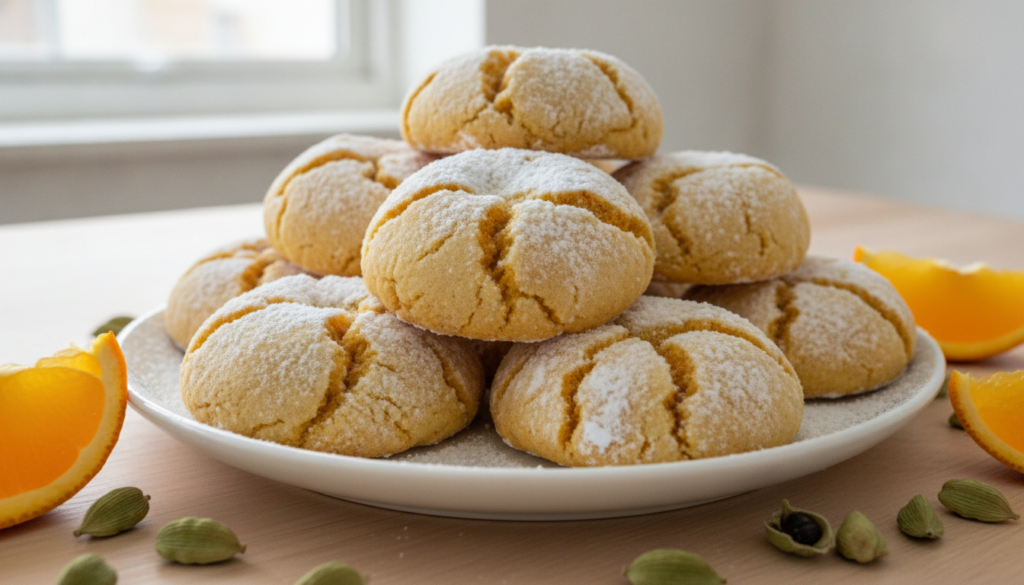 Golden-orange crinkle cookies heavily dusted with powdered sugar showing distinct cracks Styled with fresh orange slices