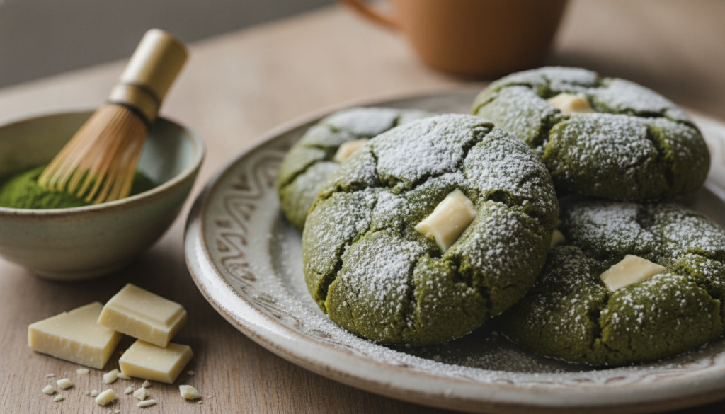 Vibrant green matcha crinkle cookies with white chocolate chips visible heavily dusted with powdered sugar Arranged on a