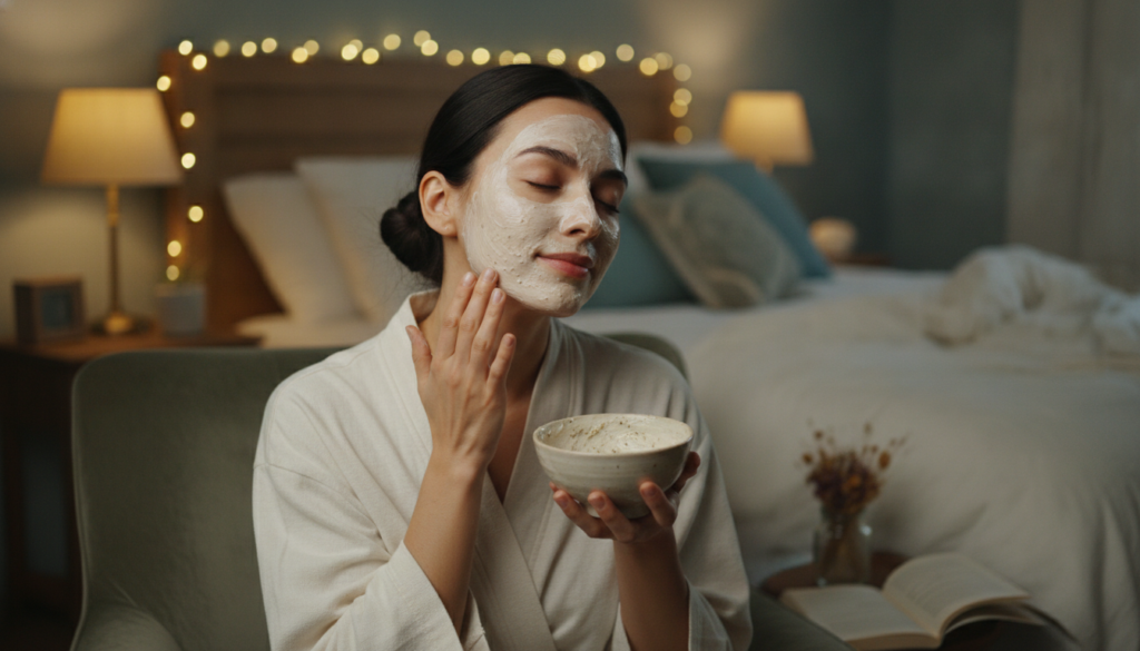 A woman gently massaging a small amount of the Vaseline and almond oil blend onto her clean face before bedtime