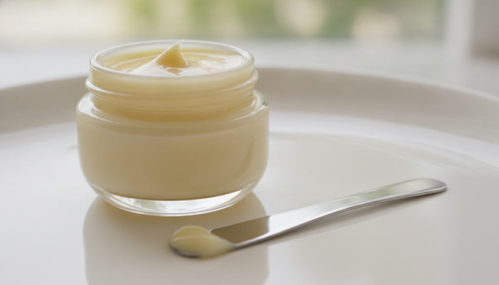 A close-up of a small glass jar containing a freshly mixed blend of Vaseline and sweet almond oil with a small spatula b