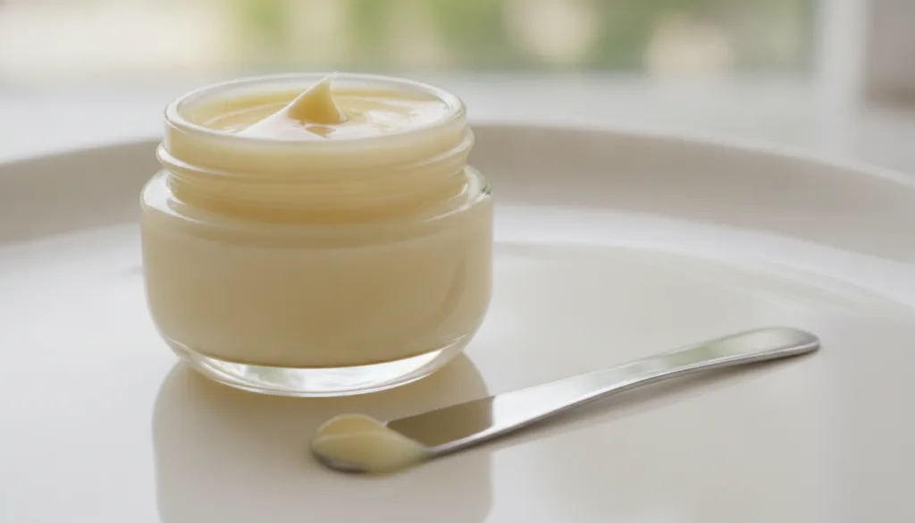 A close-up of a small glass jar containing a freshly mixed blend of Vaseline and sweet almond oil with a small spatula b