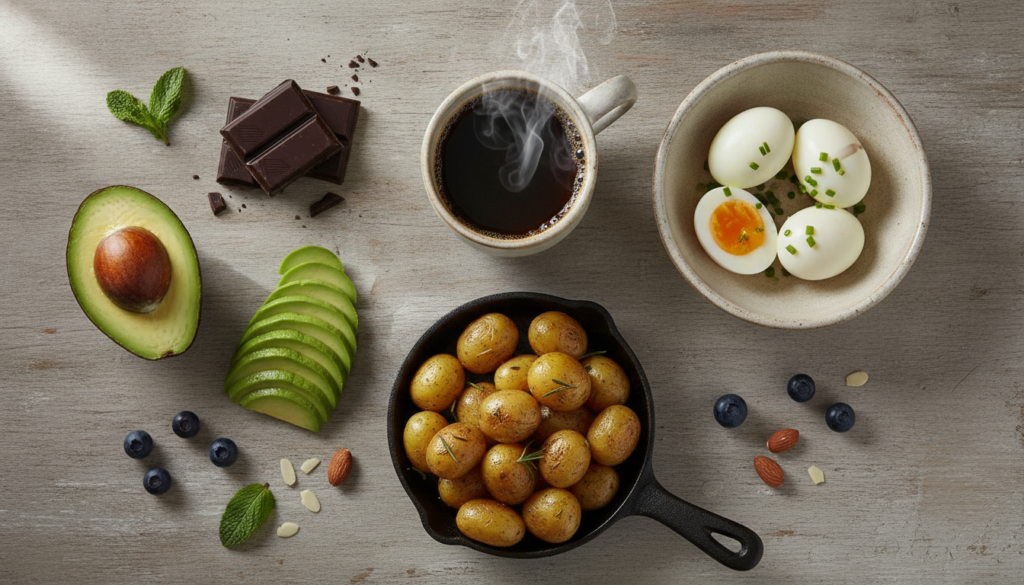 A variety of healthy foods like avocado dark chocolate a coffee cup eggs and potatoes artfully arranged on a light backg