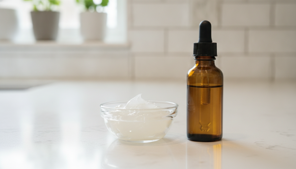 A small glass bowl with softened slightly translucent Vaseline possibly with a dropper bottle of essential oil nearby se
