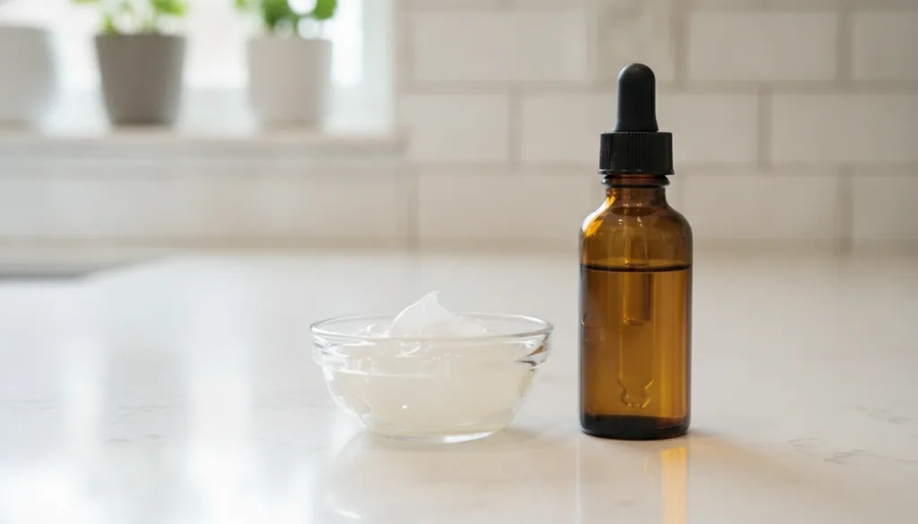 A small glass bowl with softened slightly translucent Vaseline possibly with a dropper bottle of essential oil nearby se
