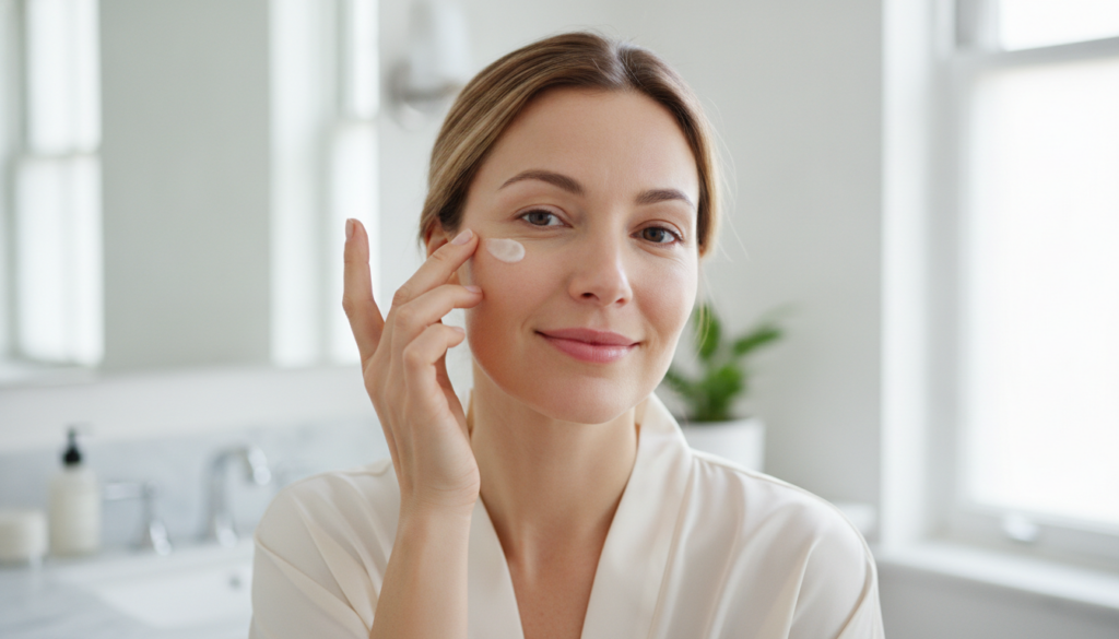 A woman gently applying a small amount of petroleum jelly or a homemade cream to the fine lines around her eyes looking 