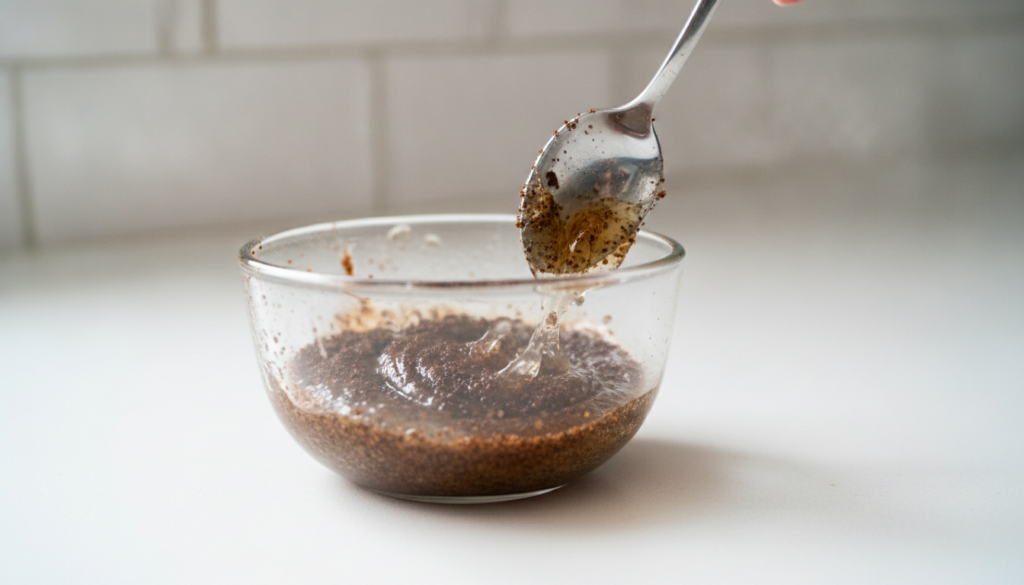 A small bowl with coffee grounds and Vaseline being mixed with a spoon to form a scrub