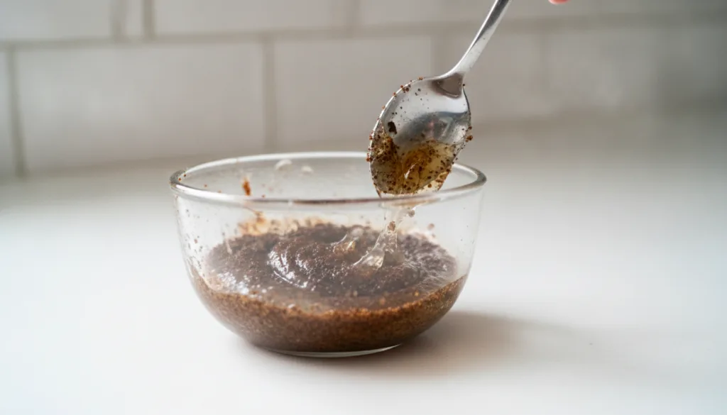 A small bowl with coffee grounds and Vaseline being mixed with a spoon to form a scrub