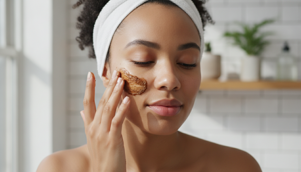 A woman gently massaging a coffee and Vaseline scrub onto her face focusing on her cheeks