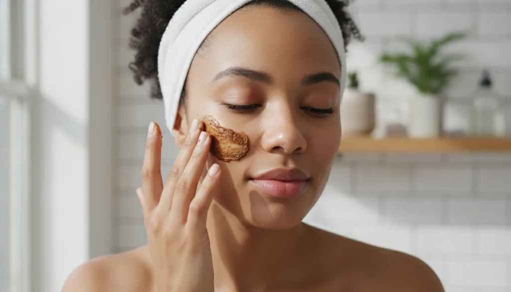 A woman gently massaging a coffee and Vaseline scrub onto her face focusing on her cheeks