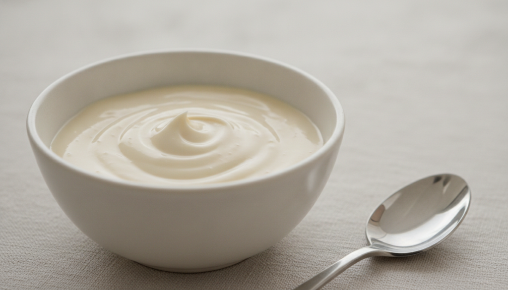 A small bowl containing a smooth white paste made from Vaseline and baking soda with a mixing spoon beside it