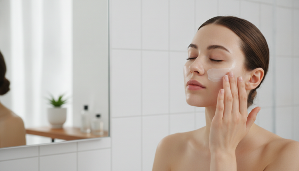 A woman gently applying a thin layer of a white paste to her cheek avoiding her eye area in a well-lit bathroom setting