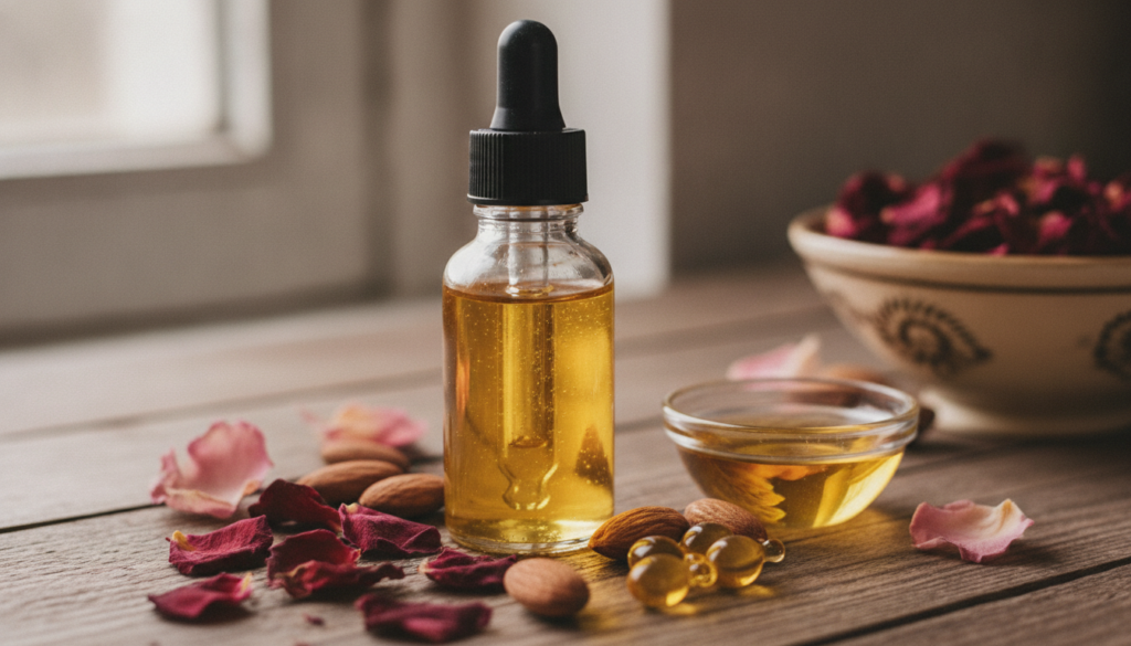 A close-up shot of small glass bottles filled with a golden homemade collagen oil surrounded by natural ingredients like